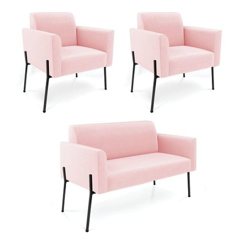Sofá Namoradeira e 2 Poltronas Pé de Ferro Preto Marisa Suede D03 - D'Rossi Cor Rosa Bebê