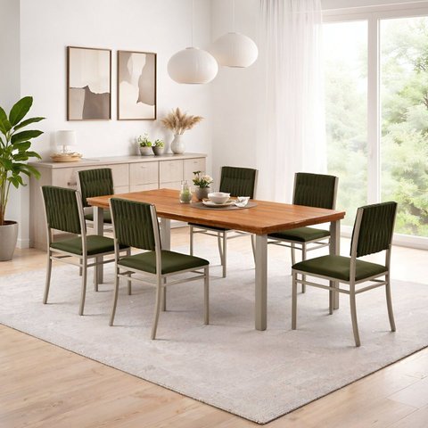 Conjunto Sala de Jantar Mesa 6 Cadeiras Tampo de Madeira Maciça Pinus Athenas Veneza Verde Malha Verde