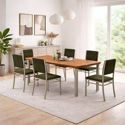 Conjunto Sala de Jantar Mesa 6 Cadeiras Tampo de Madeira Maciça Pinus Athenas Veneza Verde Malha Ver