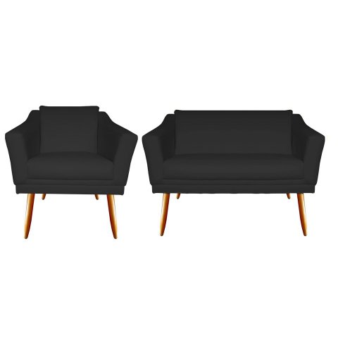 Kit Namoradeira + 1 Poltrona Decorativa Agatha Couro Preto Pés Madeira Ms Decor