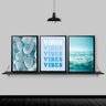Kit 3 Quadros Azuis Mar Vibes 45x34cm - com vidro:Madeira preta - 2