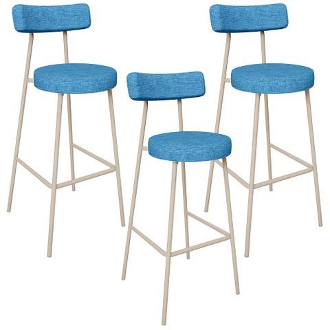 Kit 03 Banquetas Alta Bar Cozinha Sala de Jantar Aço Milão Arena L02 Linho Azul - Lyam Decor