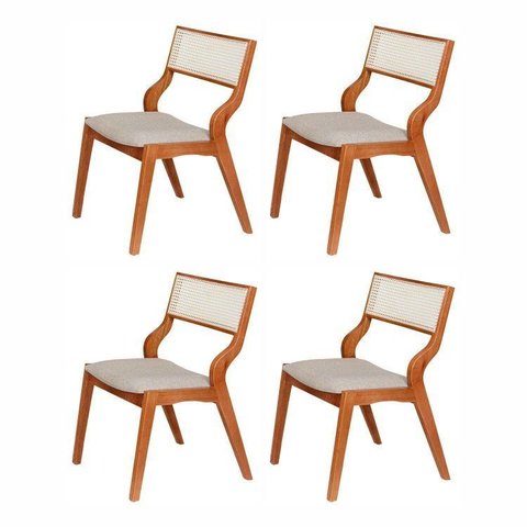 Kit 4 Cadeiras de Jantar Luna Madeira Maciça com Rattan Natural e Braços Curvos Espresso Móveis
