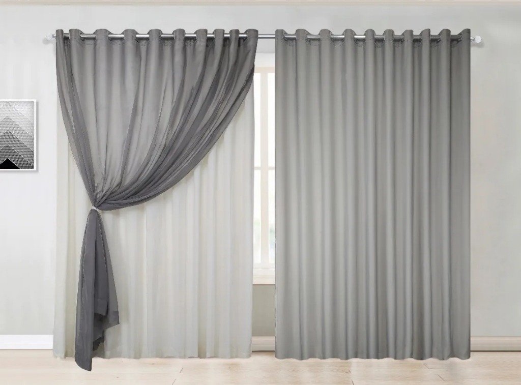 cortina sala voal liso cinza com forro branco 4,00x2,50