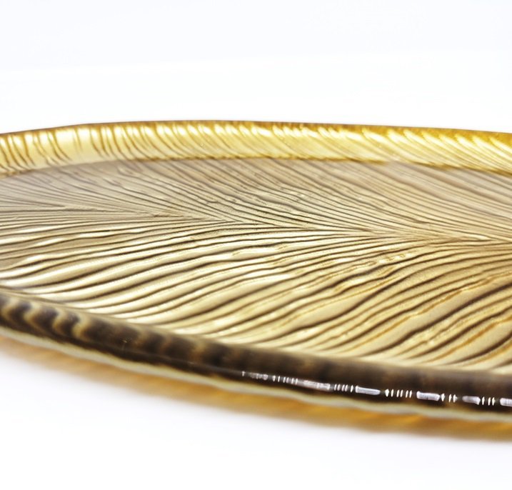 Travessa Petisqueira Vidro Luxo Centro de Mesa Folha Ouro Texturizado 30cm - Tuut - 4
