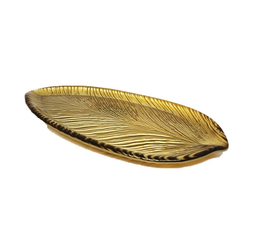 Travessa Petisqueira Vidro Luxo Centro de Mesa Folha Ouro Texturizado 30cm - Tuut