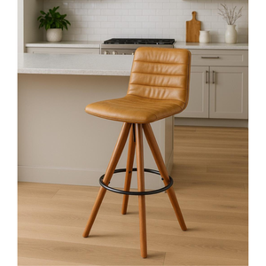 Banqueta Giratória com Encosto Estofado e Base em Madeira Castanho – Lucy Exclusiva Courino Durango 