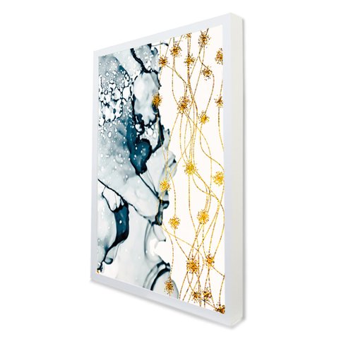 Quadro Decorativo Abstrato Mármore Azul e Branco em Moldura Caixa TaColado Moldura Caixa 3cm Branca 