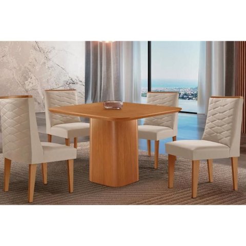 Sala Jantar Mesa Maldivas Tampo Curvo 90cm+4 Cadeiras Dafne Madeira Naturale - Capuccino/suede Creme