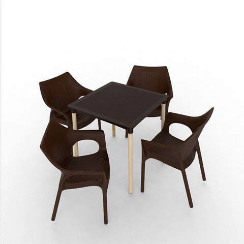 Conjunto Mesa Atto Rattan com Pé Madeira e 4 Cadeiras Relic