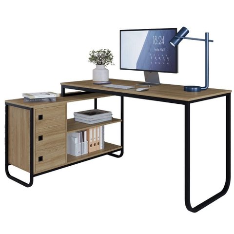 Escrivaninha de Canto 3 Gavetas P1063 Oak Preto Pp Milani Store