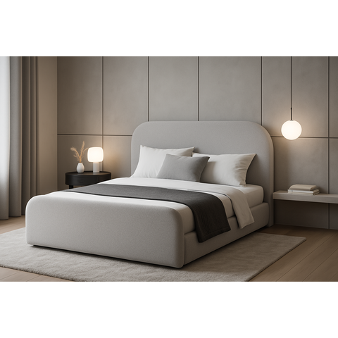 Cama de Casal para Quarto Estofada Design Moderno Boucle Cinza