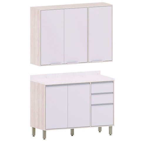 Kit Armário Aéreo e Balcão de Cozinha 120 Cm 3 Portas Atenas Cinza Cristal
