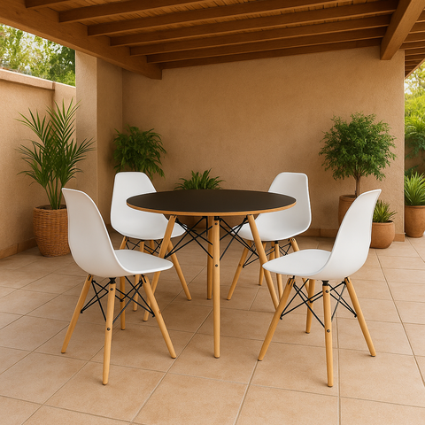 Conjunto Sala de Jantar Mesa Eames Preta 90 Cm com 4 Cadeiras Brancas Dsw