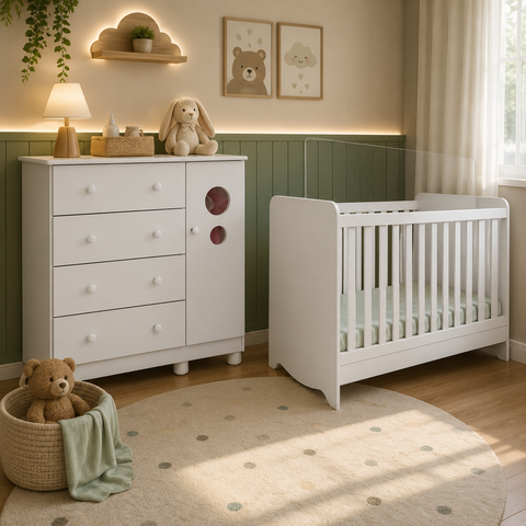 Kit Berço e Cômoda Peroba Bolinha Cor Branco Quarto Infantil