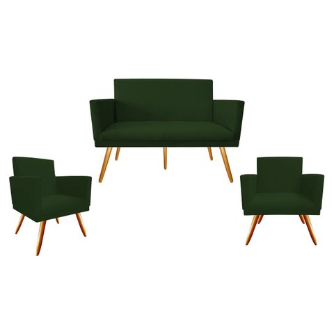 Kit Namoradeira + 2 Poltronas Decorativa Nina Suede Verde Pés Madeira Ms Decor