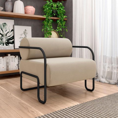 Poltrona Decorativa Sala de Estar Polatsk Base Industrial de Ferro Veludo Bege G33