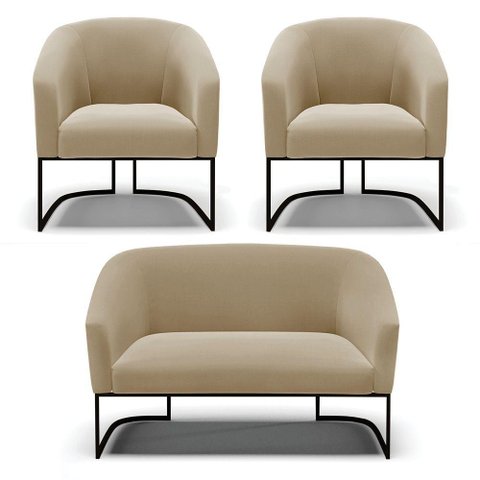 Sofá Namoradeira e 2 Poltronas Base Industrial Preto Stella Suede D03 - D'Rossi Cor Marrom Rato