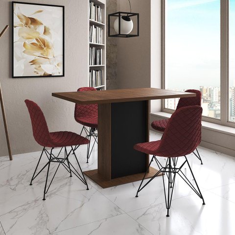 Mesa Jantar Londres Tampo Amêndoa 120cm Base Preta 4 Cadeiras Ferro Preto Estofado Vermelho