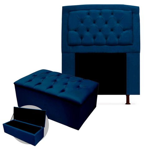 Kit Cabeceira Geovana + Calçadeira Baú Mirage Solteiro 120cm Suede - Ecotec Decor:Azul Marinho