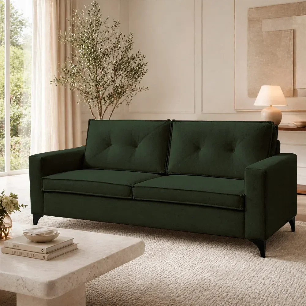 Sofá Sala de Estar Marselha 210cm 3 Lugares Pés em Metal Linho Verde M1 - Monari Design
