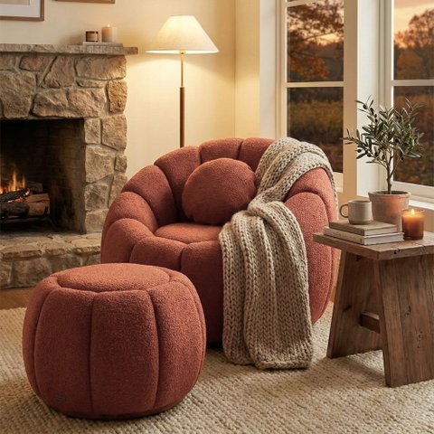 Kit Poltrona Decorativa Concha c/Almofada e Puff Boucle Terracota Abobora - Montanaris Decor