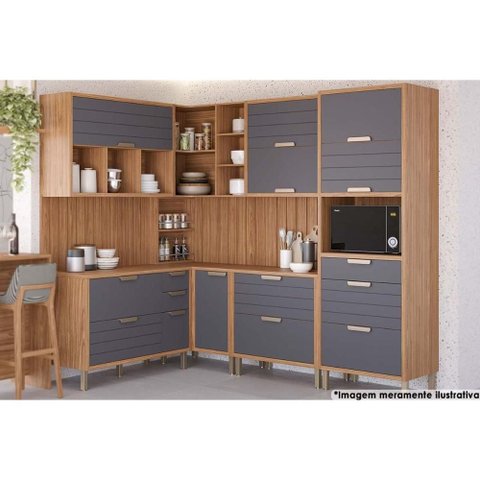 Cozinha Modulada Completa Eloise 11 Peças (3aéros+3balcões+1paneleiro+4complemento) Cz030 Freijo/