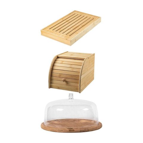 Kit para Servir com 01 Migalheira + 01 Porta Pão + 01 Boleira em Bambu ou