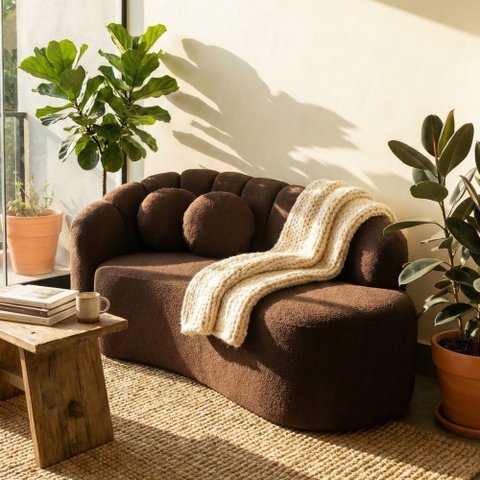 Sofá Curvo 3 Lugares Orgânico Recepção Sala Estar Confortável Serena Boucle Marrom -vimont Moveis