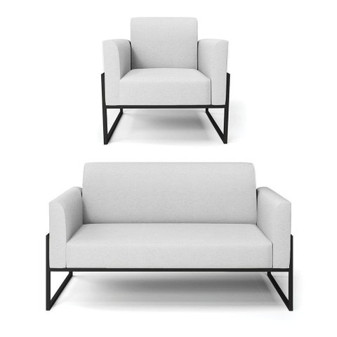 Sofá Namoradeira com Poltrona Base Industrial Alta Preto Marisa Linho Cinza A05 D03 - D\'rossi