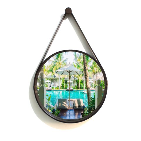ESPELHO REDONDO DECORATIVO COM MOLDURA ALÇA DE COURO 50CM CAFÉ
