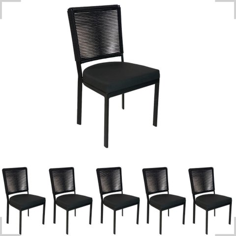 Jogo 6 Cadeiras de Alumínio Corda Sintética Assento 50cm Alt Preto