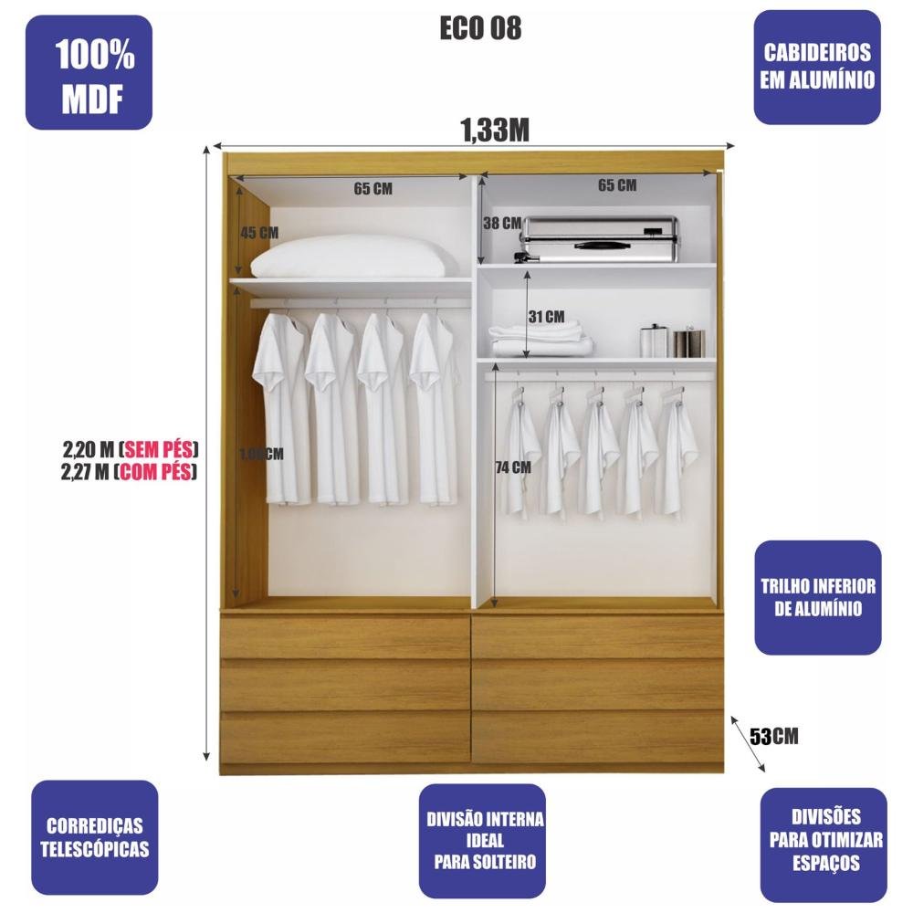 Guarda-roupa Eco 08 Esp 100% Mdf 2 Portas 6 Gav Bom Pastor - Naturale/off - 2