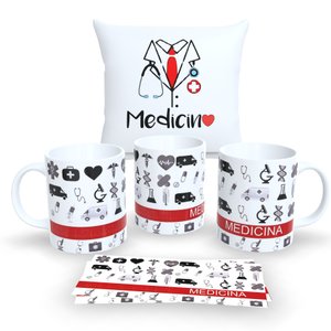 Kit com 1 Caneca de Porcelana e 1 Almofada Branca 30x30cm Personalizadas Profissões "medicina"