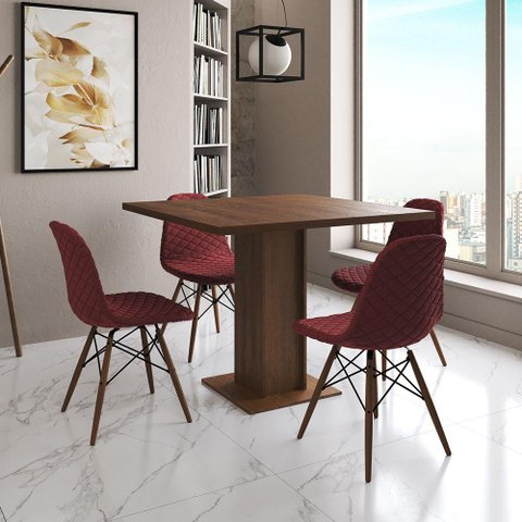 Mesa Jantar Londres Quadrada Amêndoa 90cm 4 Cadeiras Eames Estofadas Vermelho Madeira