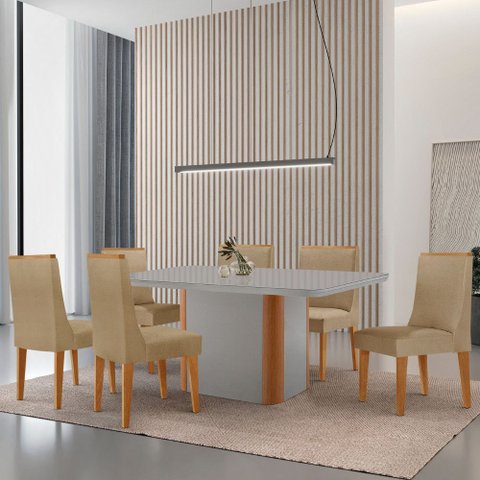 Mesa de Jantar Isadora 180cm Tampo Mdf Vidro com 6 Cadeiras Lisboa