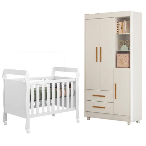 Berço Americano Soninho com Guarda Roupa Flocos Branco Acetinado - Tigus