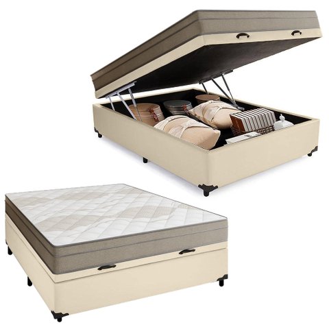 Cama Box Baú Casal Sintético + Colchão de Molas Ensacadas Portobel Ipanema - 138x188x66cm Cor:bege