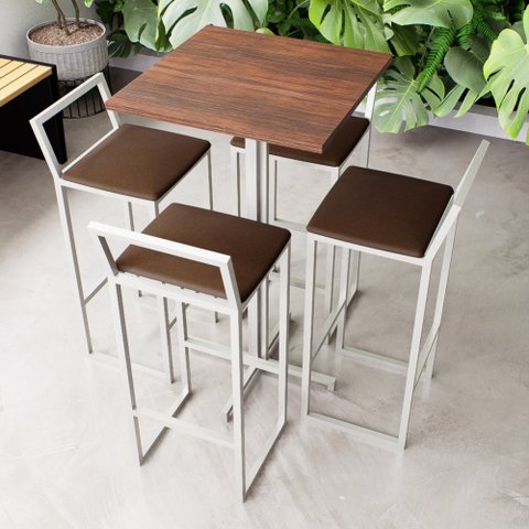 Conjunto Mesa Alta Bar Bistrô Quadrada Imbuia 4 Banquetas Confort Estofado White Don Castro