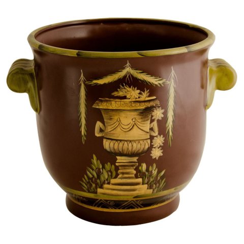 Cachepot Vaso Cerâmica Pintura Imperial Marrom com Alças Laca Chinesa 20cm Columbus Gold