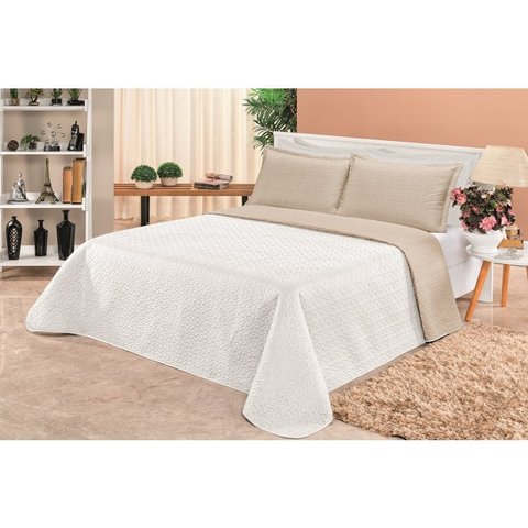Cobre Leito Casal Padrão Clara Dupla Face 03 Pçs - Branco e Cáqui