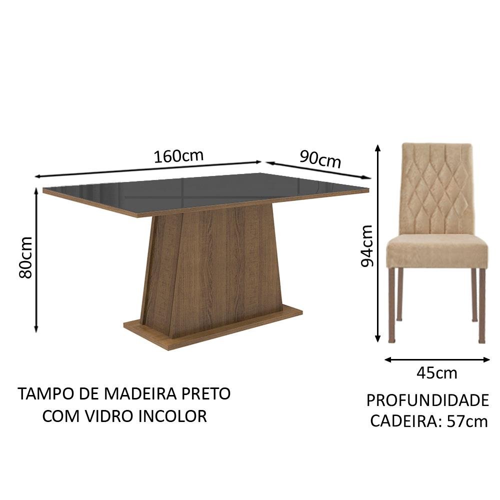 Conjunto Sala de Jantar Mesa Tampo de Vidro 4 Cadeiras Rustic/preto/imperial Aryeli Madesa - 4