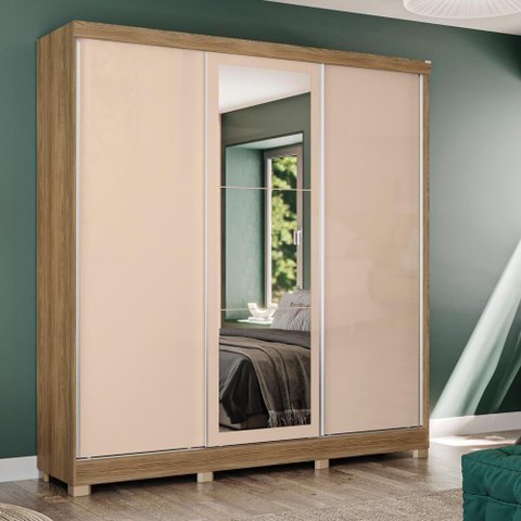 Guarda-roupa Casal Kappesberg 3 Portas Reversíveis de Correr 3 Espelhos 2 Gavetas Nogueira/macadâ