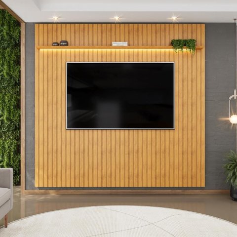 Painel para Tv até 75 Polegadas Ripado com Led Dj Móveis Trento 250 Cedro