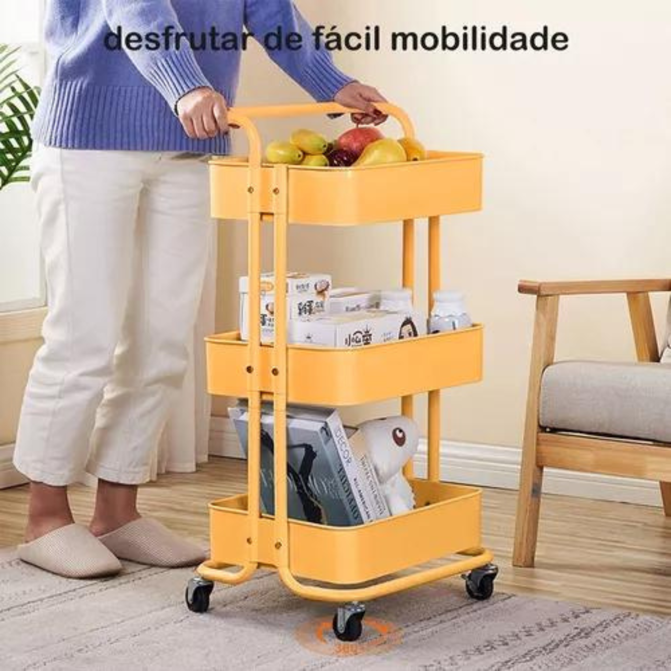 Carrinho Organizador Multiuso 3 Prateleiras Fruteira Rodinha Salão Manicure Oficina Cor Amarelo - 6