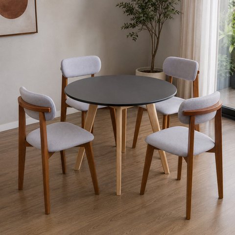 Kit Mesa Preta 90cm & 4 Cadeiras Estofadas Linho Design Elegante