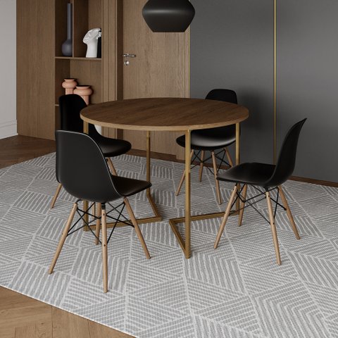 Mesa Jantar Industrial Redonda 110cm Amêndoa Base V Dourada com 4 Cadeiras Eames Eiffel Madeira Pret