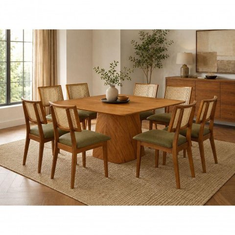 Sala de Jantar Dubai 8 Lugares Tampo em MDF com Cadeiras Estofadas Verde Oliva 135cm Imperial Mó