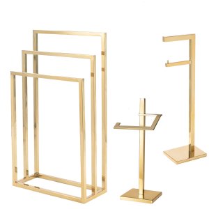 Kit de Acessorios para Banheiro com 3 Peças em Aço Inox Dourado Brilhante Linha Larissa com Toalheir