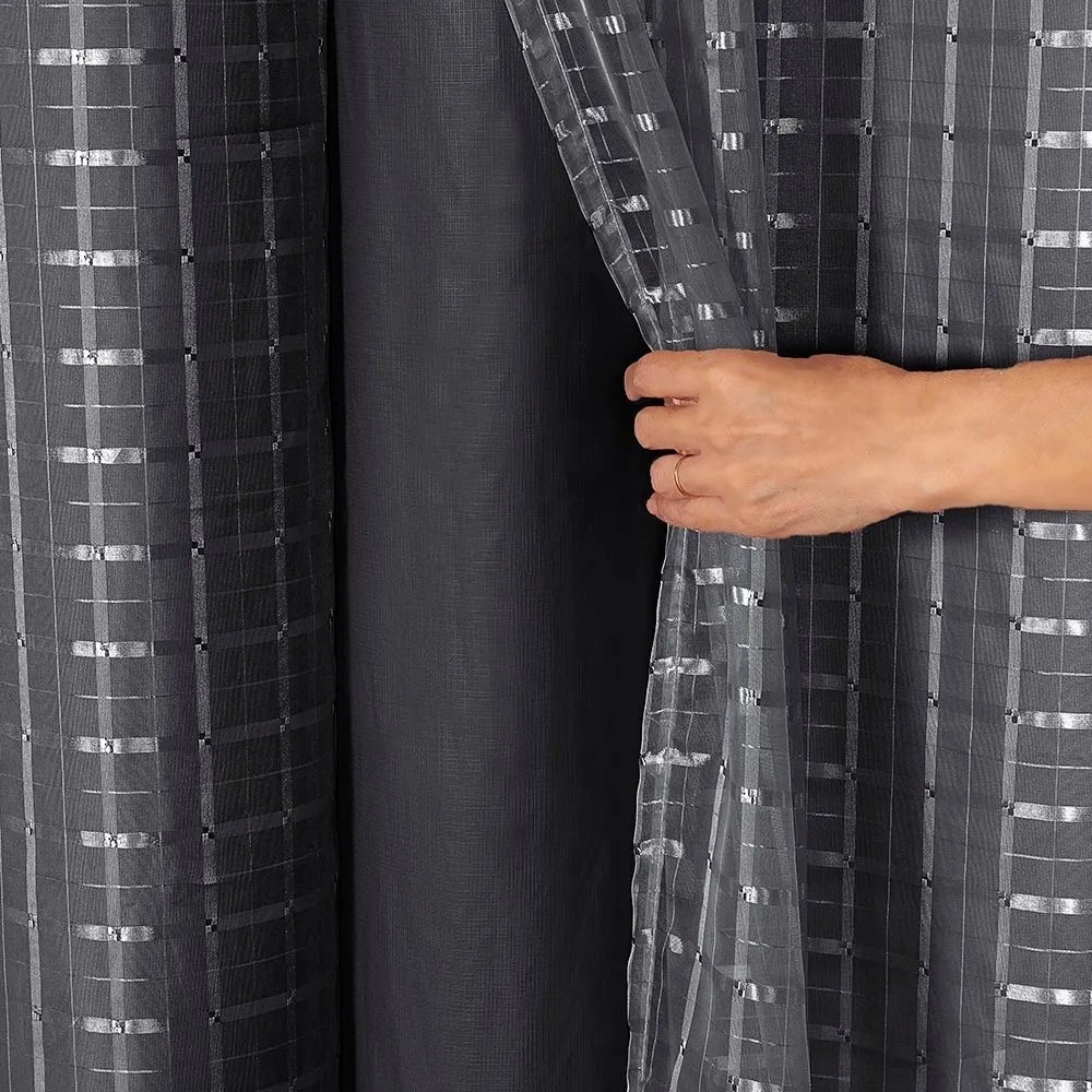 cortina quarto voal xadrez preto com forro preto 4,00x2,50 - 2